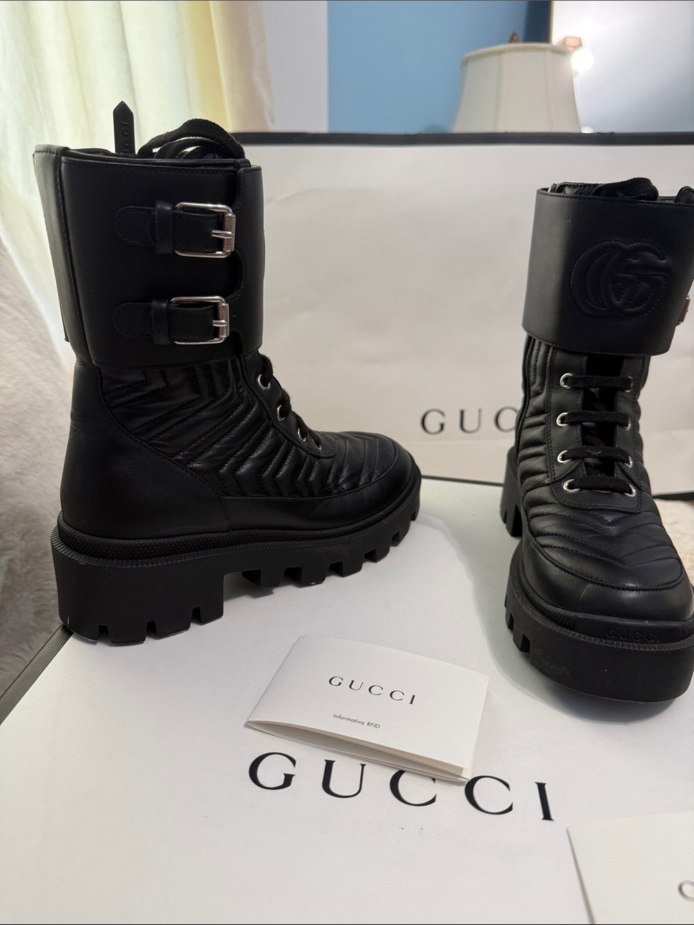 Gucci Black Quilted Leather Lace-Up Combat Boots - Picture 3 of 8